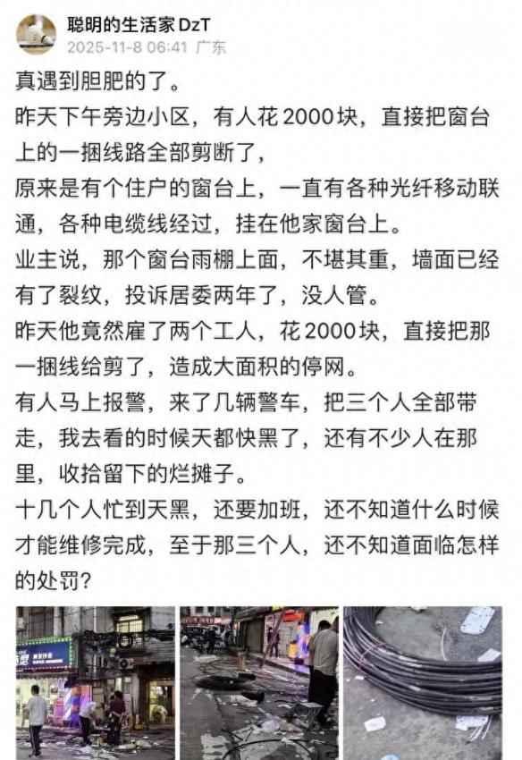 广州业主投诉“乱拉电线”无果,花2000块剪断整片小区电缆线 广州业主投诉“乱拉电线”无果,花2000块剪断整片小区电缆线